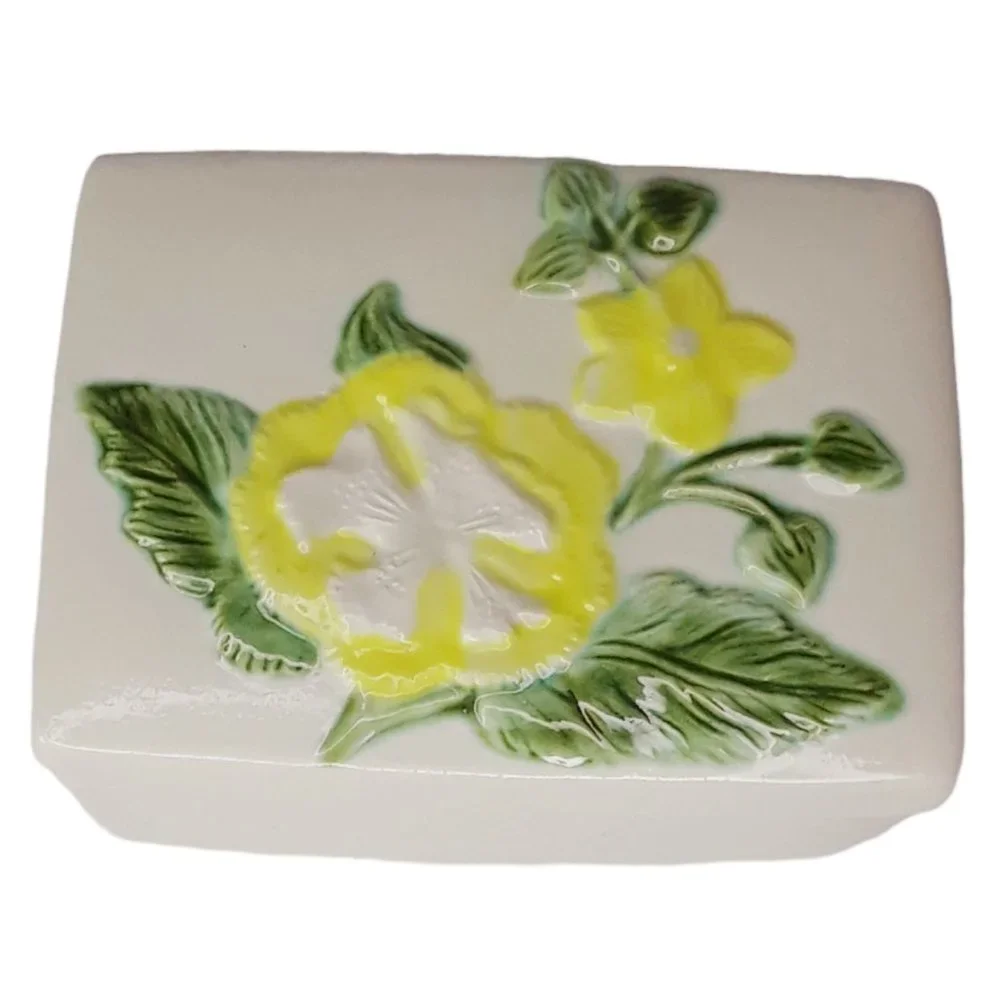 Floral Trinket Box Vintage Ceramic McNees Mold Jewelry Box White Yellow Flower